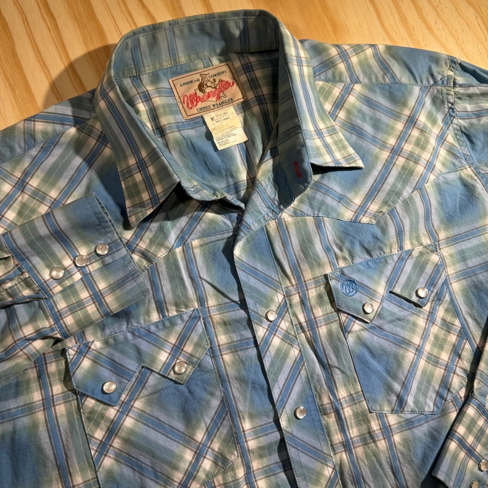 Wrangler Men's Western Shirt Blue Green Plaid Pearl Snap Long Sleeve Size XL